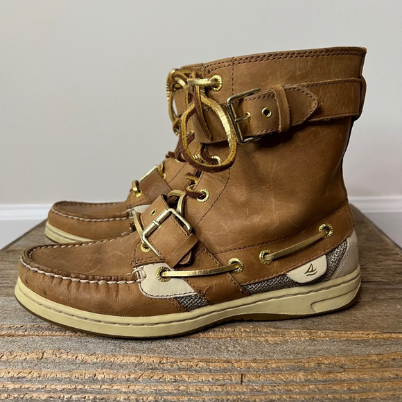 Sperry Topsider Shoe Boots Brown Womens 6M Huntley Sahara Boat Leather Buckle - Picture 1 of 15